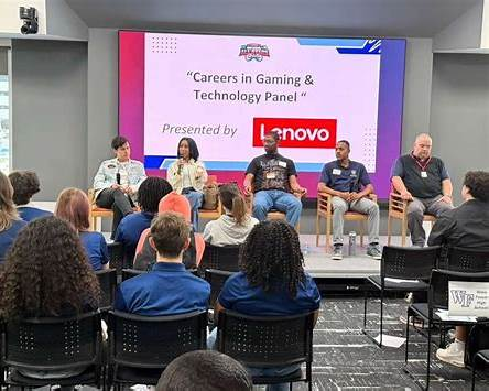 Professionals collaborating in a gaming and technology workspace