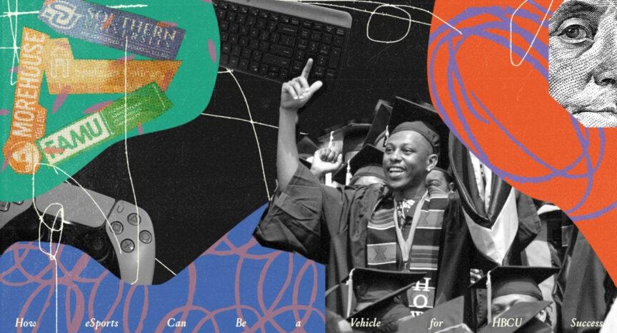 HBCU graduate surrounded by gaming and technology imagery